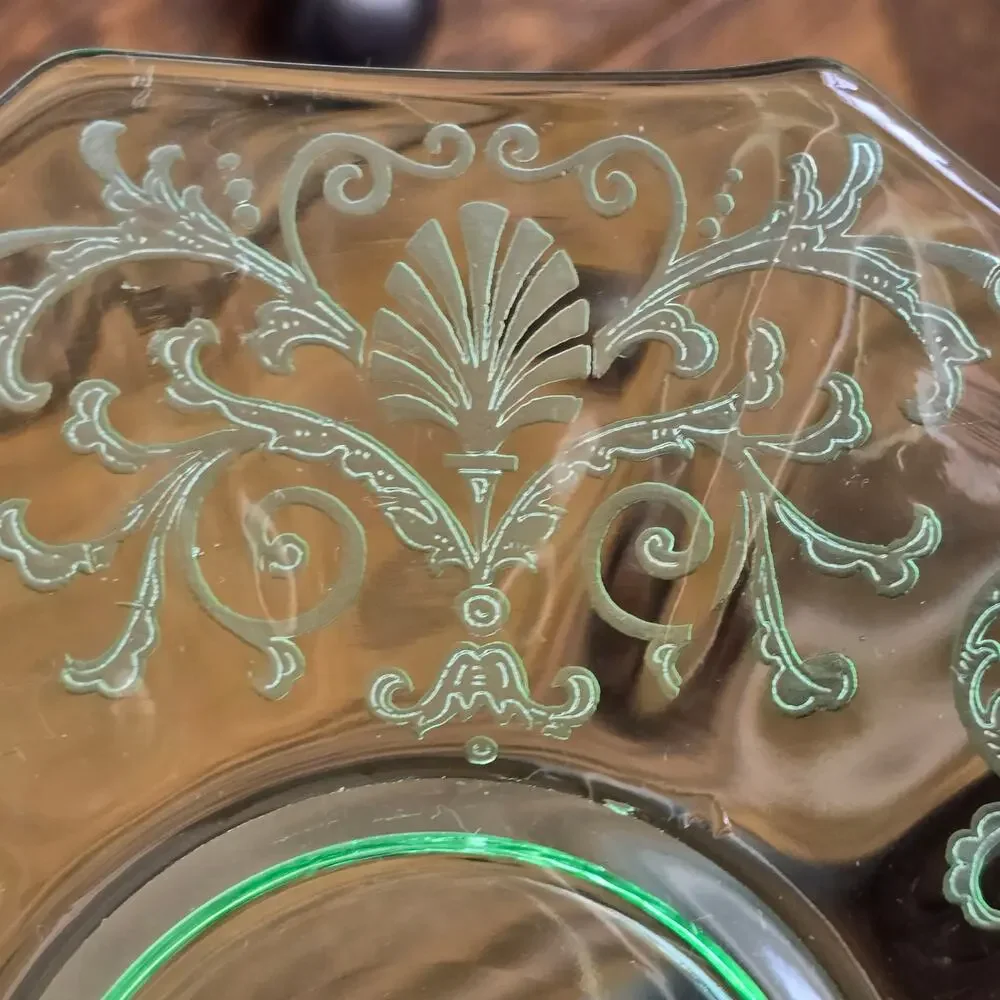Vintage Fostoria Versailles Bon Bon Dish Green Glass Etched Bow Handle GLOWS